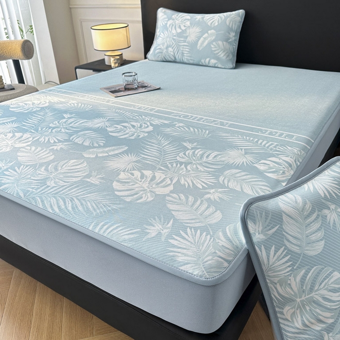 91家纺网 家纺一手货源 找家纺 可恩欣 2026新款冰丝提花软床笠单品床笠床笠单件 轻叶-蓝