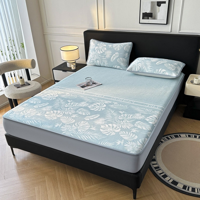 91家纺网 家纺一手货源 找家纺 可恩欣 2026新款冰丝提花软床笠单品床笠床笠单件 轻叶-蓝