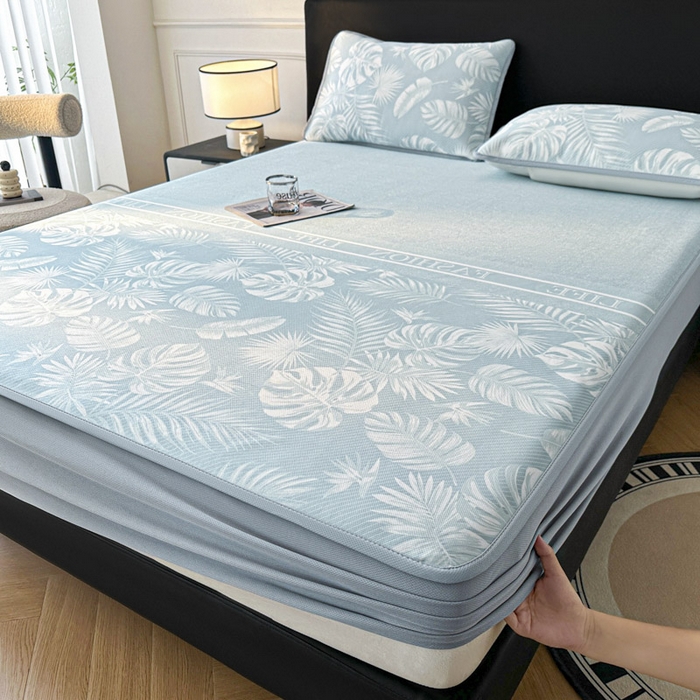 91家纺网 家纺一手货源 找家纺 可恩欣 2026新款冰丝提花软床笠单品床笠床笠单件 轻叶-蓝