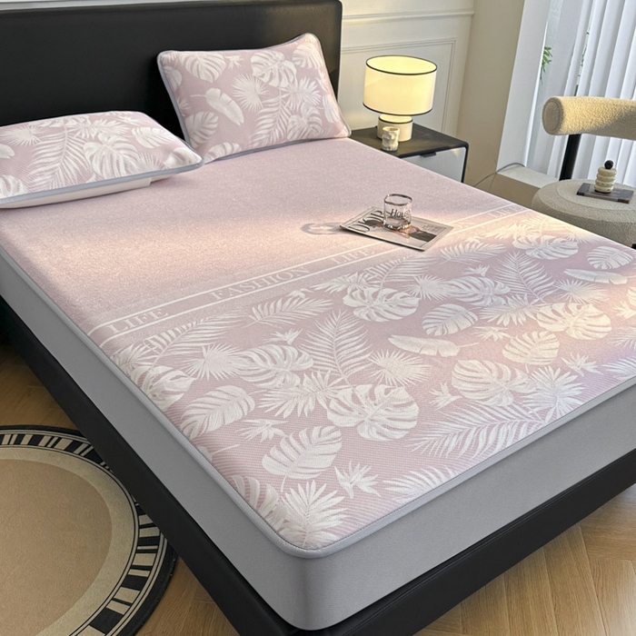 91家纺网 家纺一手货源 找家纺 可恩欣 2026新款冰丝提花软床笠单品床笠床笠单件 轻叶-粉