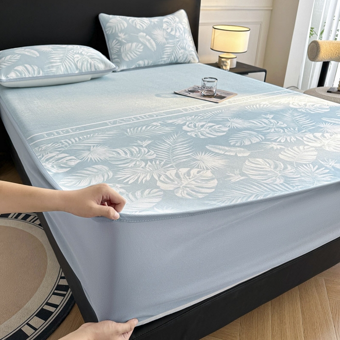 91家纺网 家纺一手货源 找家纺 可恩欣 2026新款冰丝提花软床笠单品床笠床笠单件 轻叶-蓝