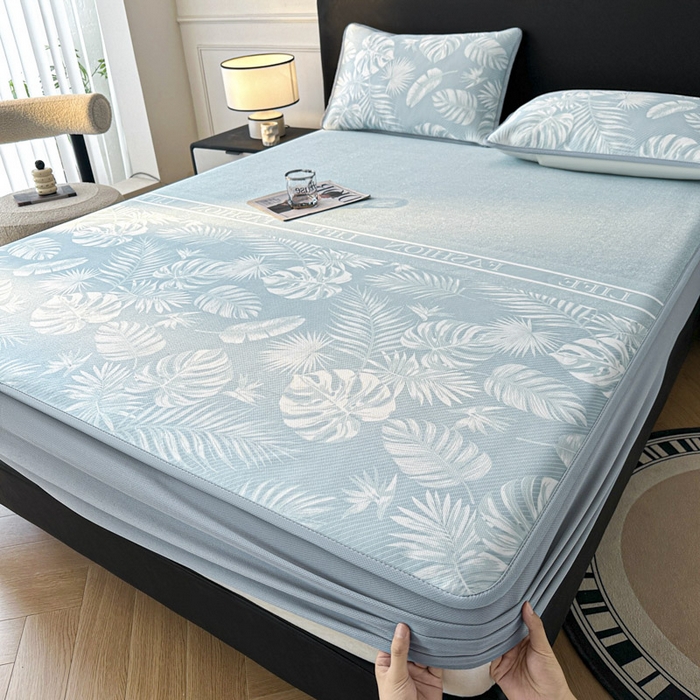 91家纺网 家纺一手货源 找家纺 可恩欣 2026新款冰丝提花软床笠单品床笠床笠单件 轻叶-蓝