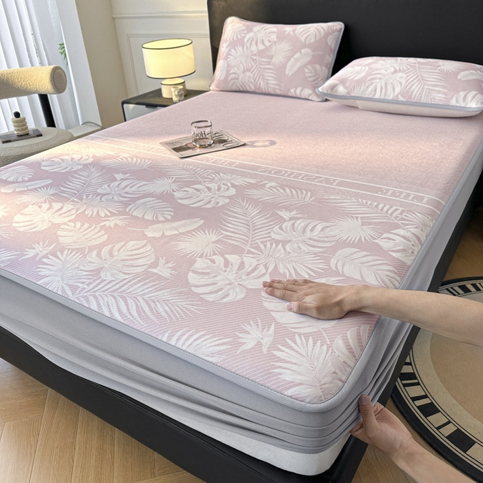 91家纺网 家纺一手货源 找家纺 可恩欣 2026新款冰丝提花软床笠单品床笠床笠单件 轻叶-粉