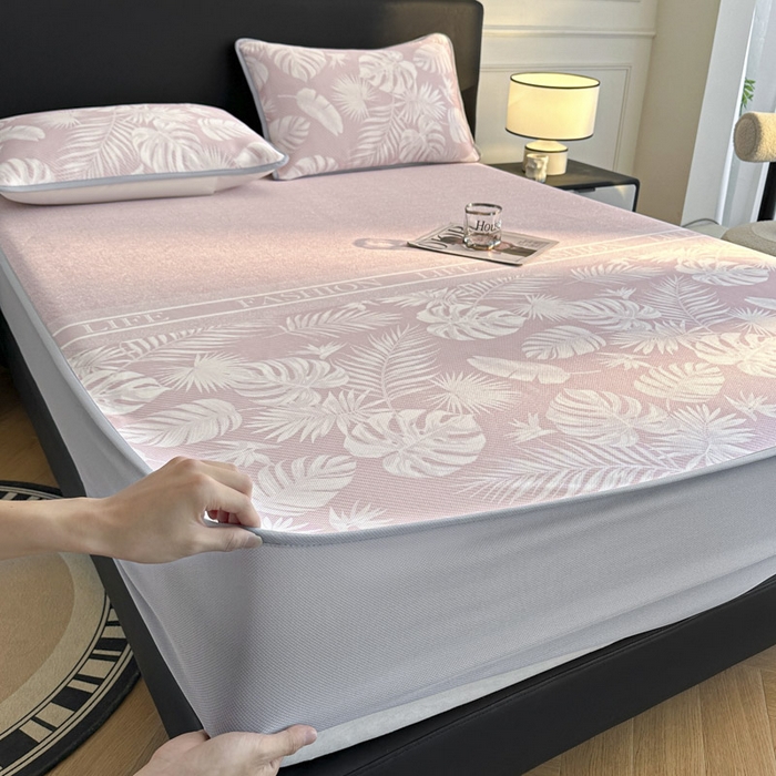 91家纺网 家纺一手货源 找家纺 可恩欣 2026新款冰丝提花软床笠单品床笠床笠单件 轻叶-粉