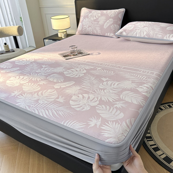 91家纺网 家纺一手货源 找家纺 可恩欣 2026新款冰丝提花软床笠单品床笠床笠单件 轻叶-粉