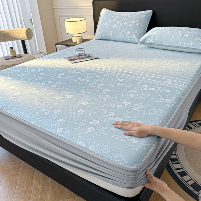 91家纺网 家纺一手货源 找家纺 可恩欣 2026新款冰丝提花软床笠单品床笠床笠单件 阑珊-蓝