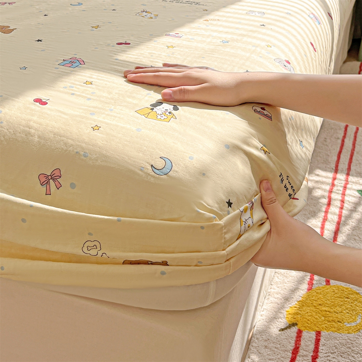 91家纺网 家纺一手货源 找家纺 名兮家居 2026新款全棉纯棉A类卡通时尚风双层纱床笠单品床笠床笠单件 双层纱-狗狗幻想