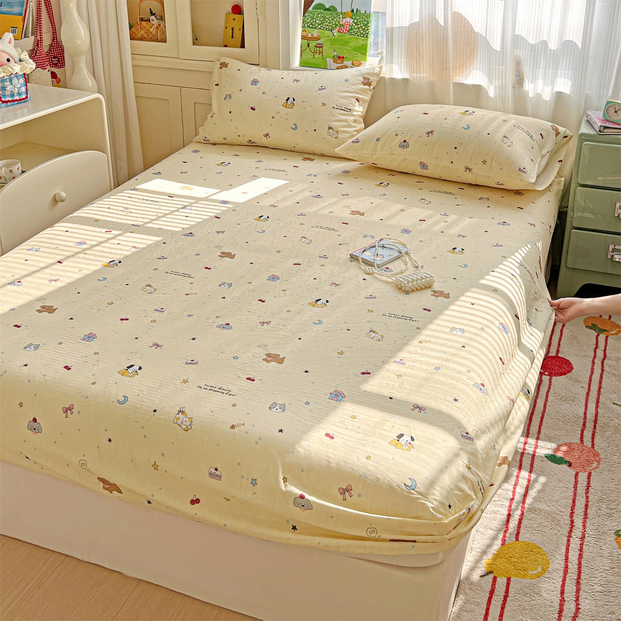 91家纺网 家纺一手货源 找家纺 名兮家居 2026新款全棉纯棉A类卡通时尚风双层纱床笠单品床笠床笠单件 双层纱-狗狗幻想