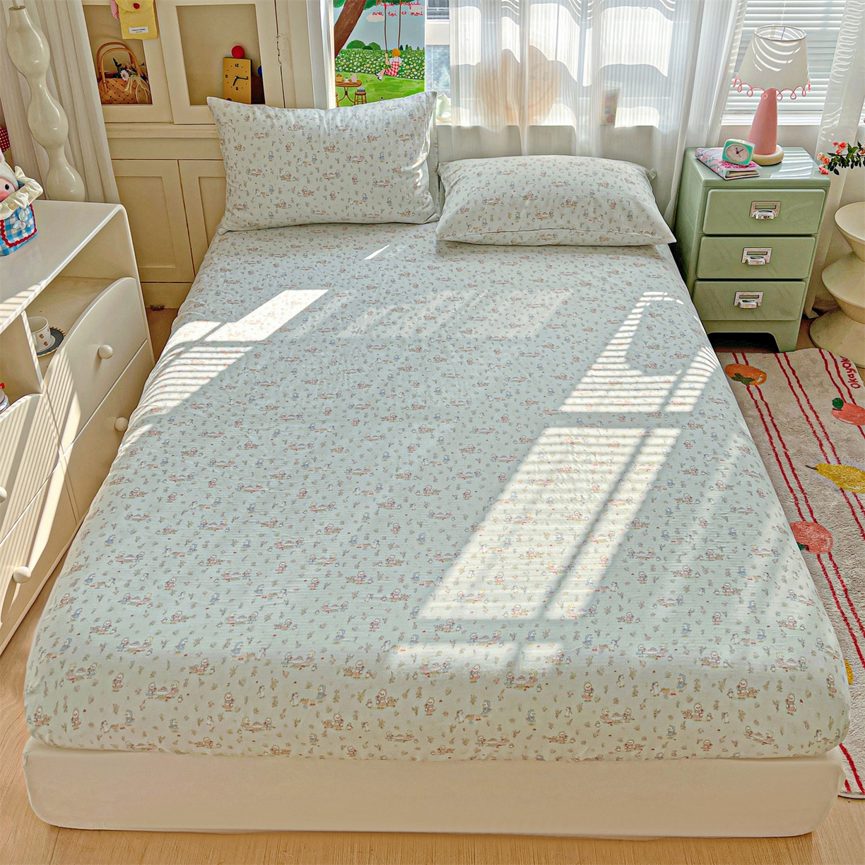 91家纺网 家纺一手货源 找家纺 名兮家居 2026新款全棉纯棉A类卡通时尚风双层纱床笠单品床笠床笠单件 双层纱-花田鸭