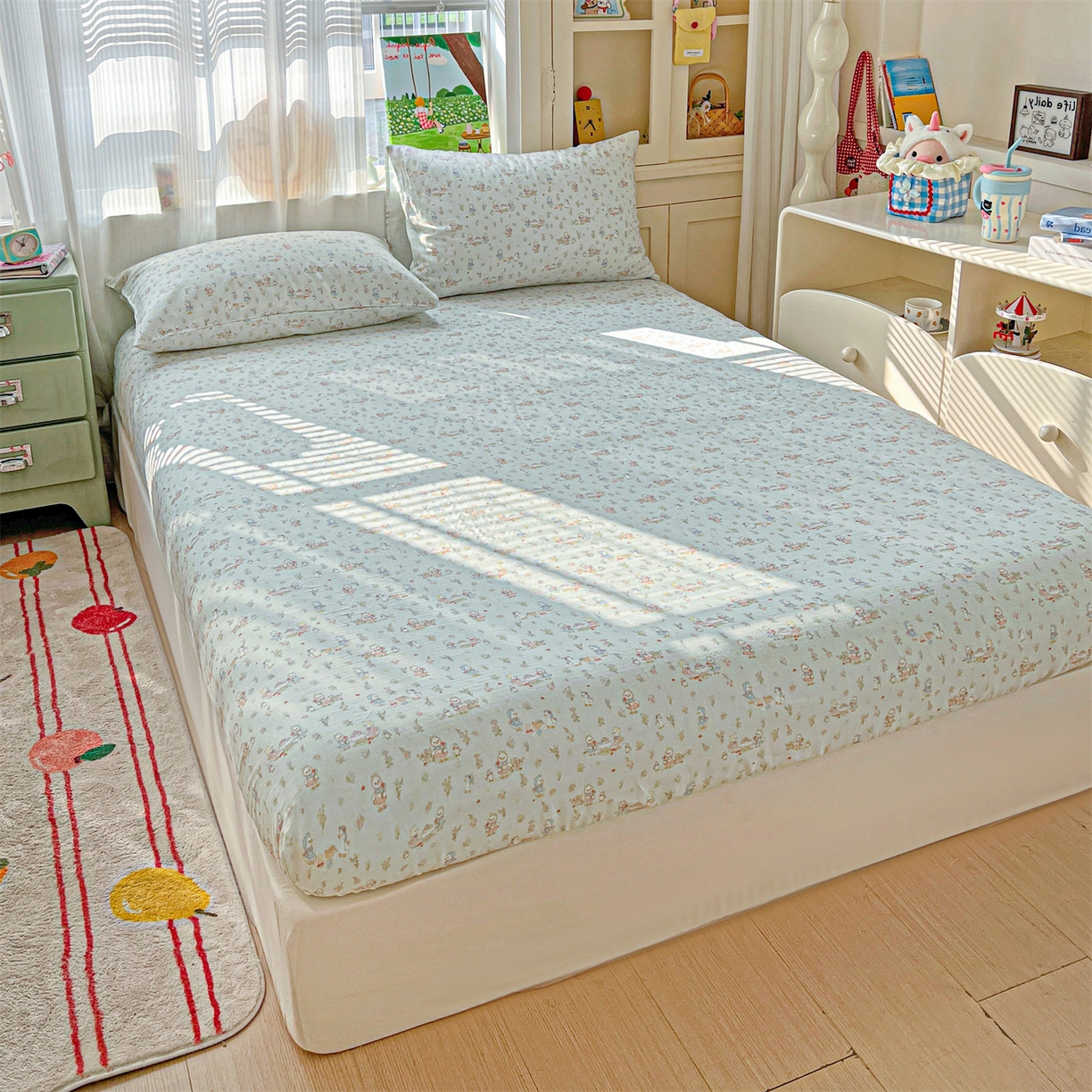 91家纺网 家纺一手货源 找家纺 名兮家居 2026新款全棉纯棉A类卡通时尚风双层纱床笠单品床笠床笠单件 双层纱-花田鸭