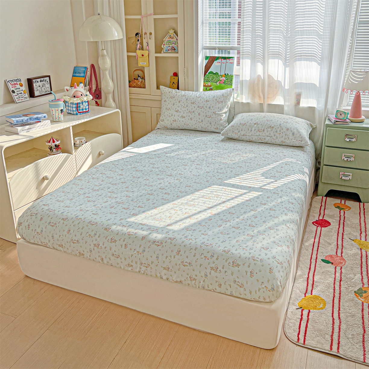 91家纺网 家纺一手货源 找家纺 名兮家居 2026新款全棉纯棉A类卡通时尚风双层纱床笠单品床笠床笠单件 双层纱-花田鸭