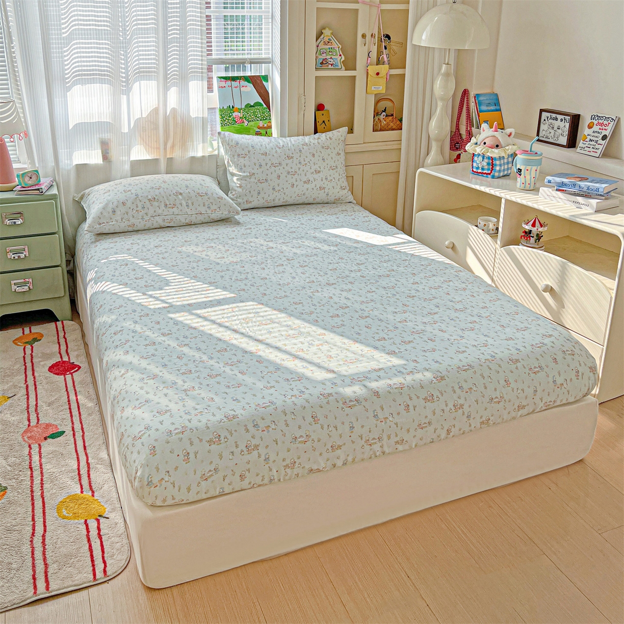 91家纺网 家纺一手货源 找家纺 名兮家居 2026新款全棉纯棉A类卡通时尚风双层纱床笠单品床笠床笠单件 双层纱-花田鸭