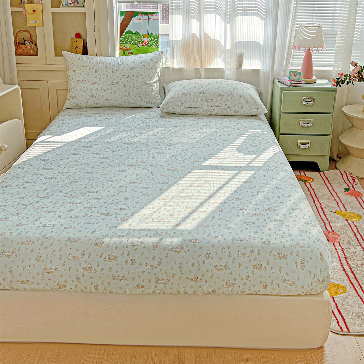 91家纺网 家纺一手货源 找家纺 名兮家居 2026新款全棉纯棉A类卡通时尚风双层纱床笠单品床笠床笠单件 双层纱-花田鸭