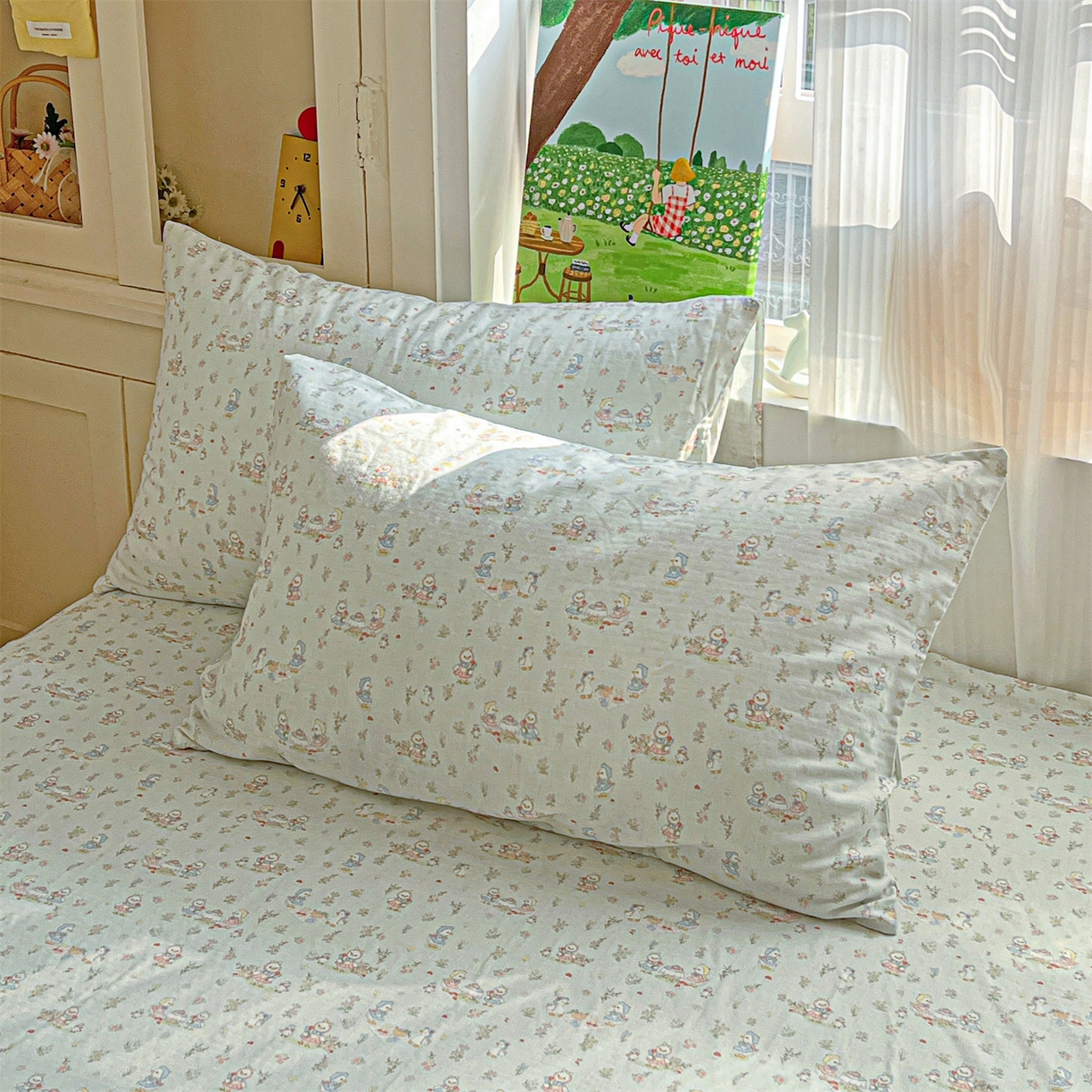 91家纺网 家纺一手货源 找家纺 名兮家居 2026新款全棉纯棉A类卡通时尚风双层纱床笠单品床笠床笠单件 双层纱-花田鸭