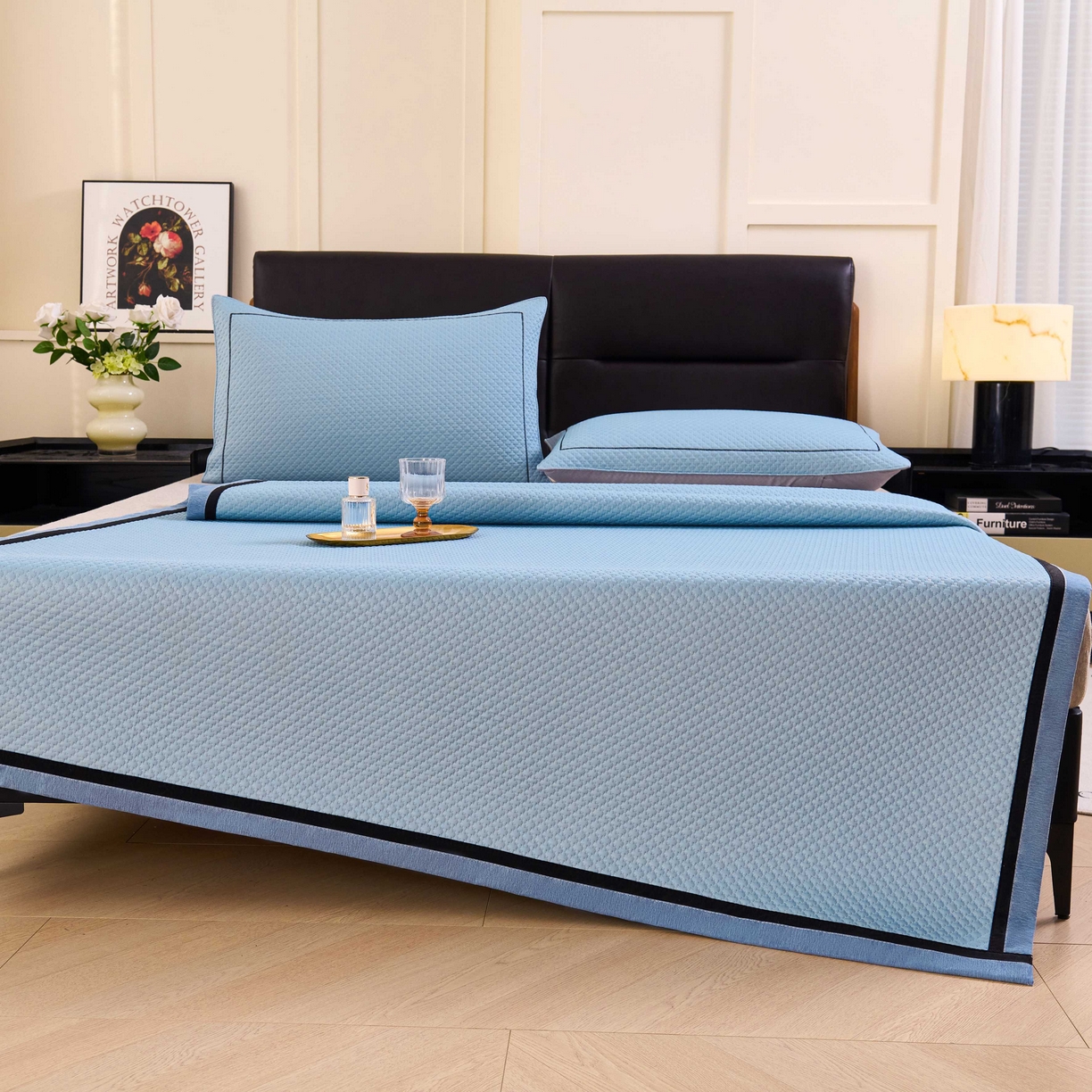 梵克保罗 2026春夏新款凉感豆豆席极简织带平席款凉席极简贴边款 极简蓝