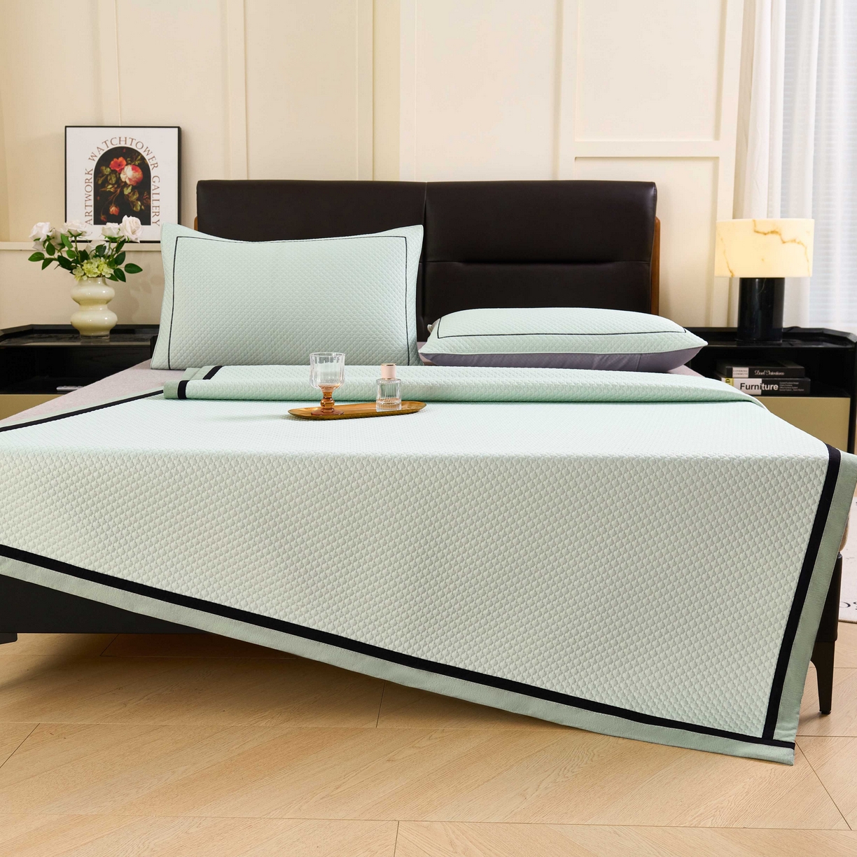 梵克保罗 2026春夏新款凉感豆豆席极简织带平席款凉席极简贴边款 极简绿