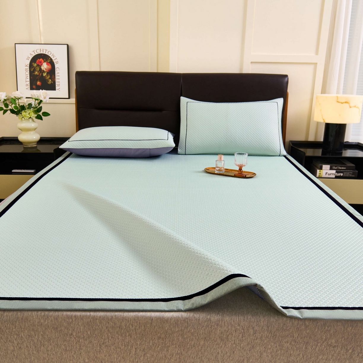 91家纺网 家纺一手货源 找家纺 梵克保罗 2026春夏新款凉感豆豆席极简织带平席款凉席极简贴边款 极简绿