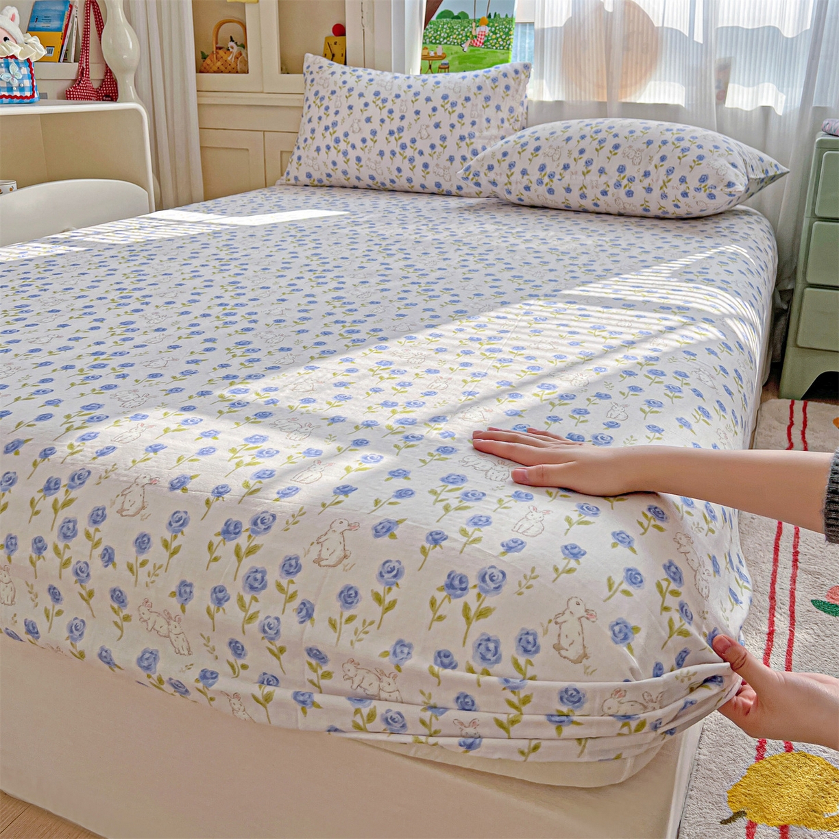 名兮家居 2026新款全棉纯棉A类卡通时尚风双层纱床笠单品床笠床笠单件 双层纱-兰花小兔