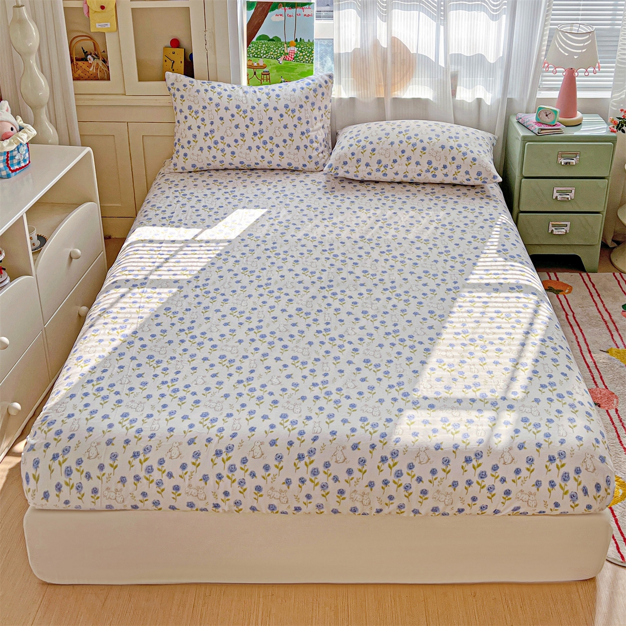 91家纺网 家纺一手货源 找家纺 名兮家居 2026新款全棉纯棉A类卡通时尚风双层纱床笠单品床笠床笠单件 双层纱-兰花小兔