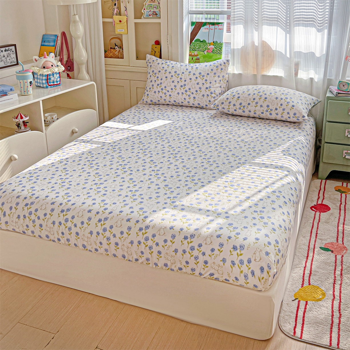 91家纺网 家纺一手货源 找家纺 名兮家居 2026新款全棉纯棉A类卡通时尚风双层纱床笠单品床笠床笠单件 双层纱-兰花小兔