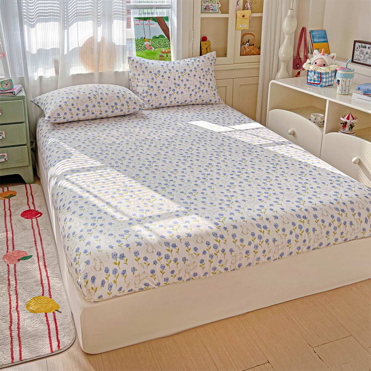 91家纺网 家纺一手货源 找家纺 名兮家居 2026新款全棉纯棉A类卡通时尚风双层纱床笠单品床笠床笠单件 双层纱-兰花小兔