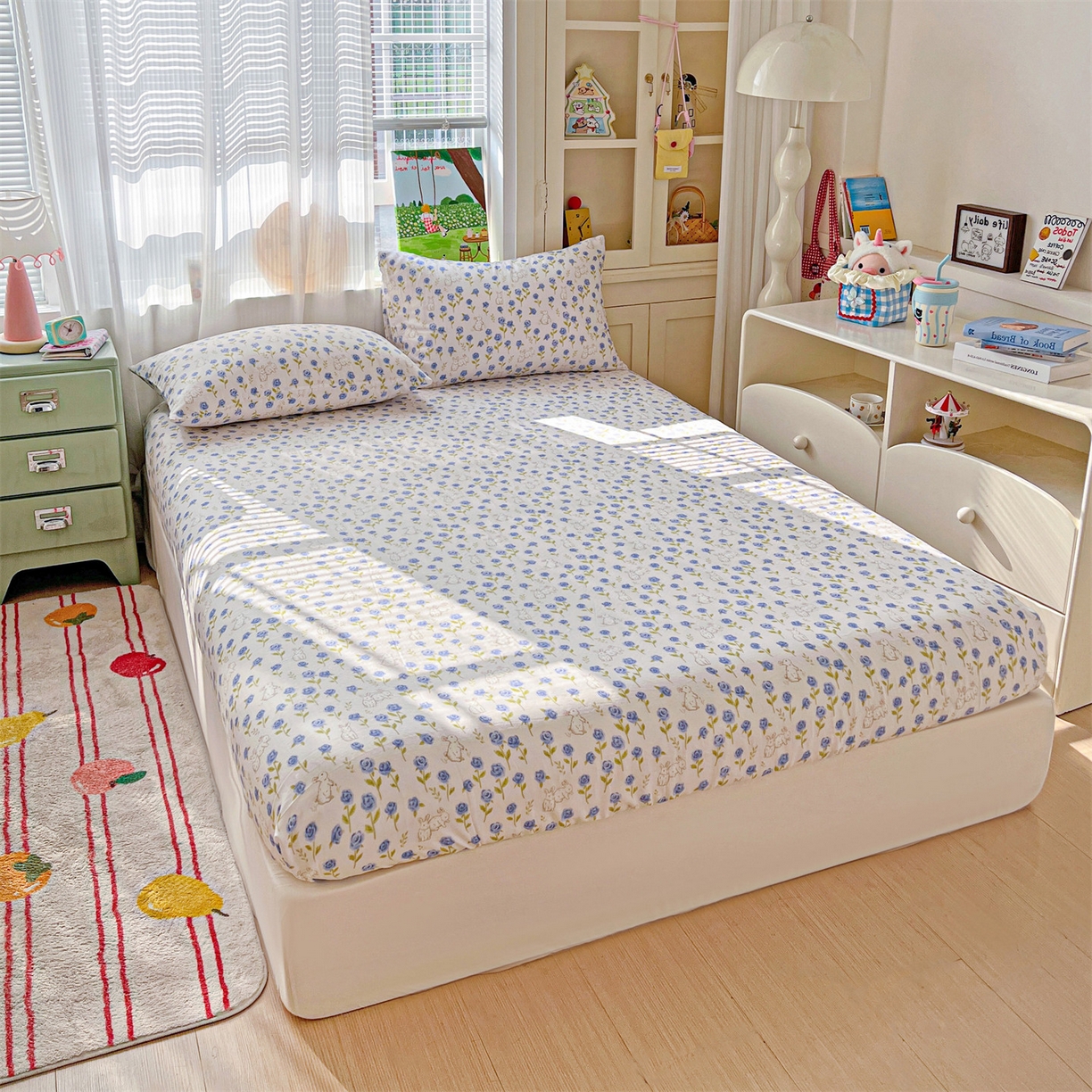 91家纺网 家纺一手货源 找家纺 名兮家居 2026新款全棉纯棉A类卡通时尚风双层纱床笠单品床笠床笠单件 双层纱-兰花小兔