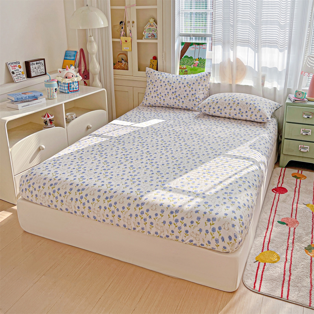 91家纺网 家纺一手货源 找家纺 名兮家居 2026新款全棉纯棉A类卡通时尚风双层纱床笠单品床笠床笠单件 双层纱-兰花小兔