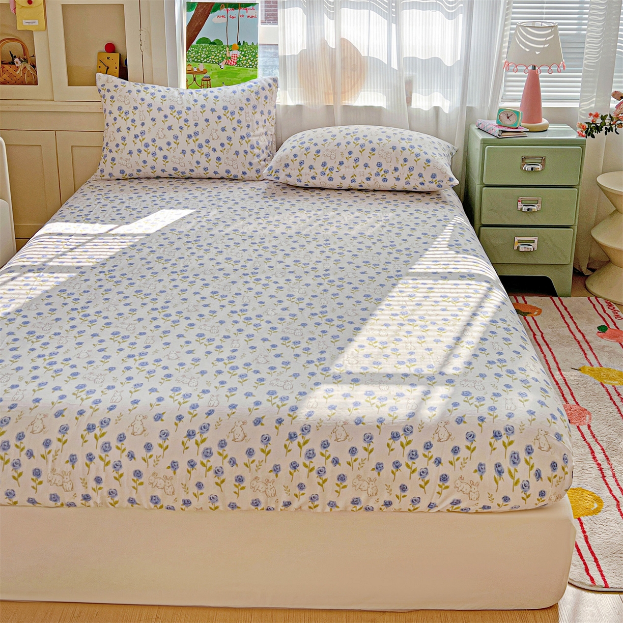 91家纺网 家纺一手货源 找家纺 名兮家居 2026新款全棉纯棉A类卡通时尚风双层纱床笠单品床笠床笠单件 双层纱-兰花小兔