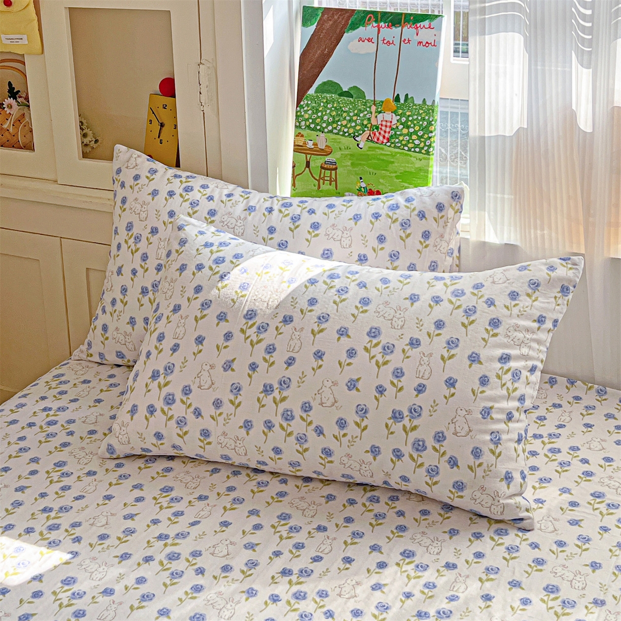 91家纺网 家纺一手货源 找家纺 名兮家居 2026新款全棉纯棉A类卡通时尚风双层纱床笠单品床笠床笠单件 双层纱-兰花小兔