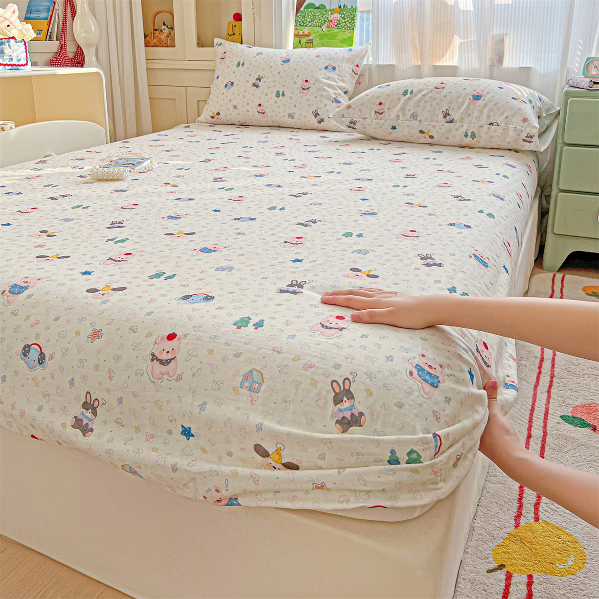 名兮家居 2026新款全棉纯棉A类卡通时尚风双层纱床笠单品床笠床笠单件 双层纱-蘑菇屋