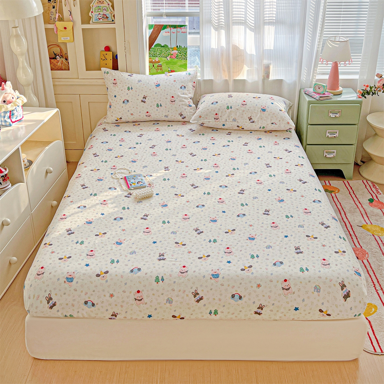 91家纺网 家纺一手货源 找家纺 名兮家居 2026新款全棉纯棉A类卡通时尚风双层纱床笠单品床笠床笠单件 双层纱-蘑菇屋