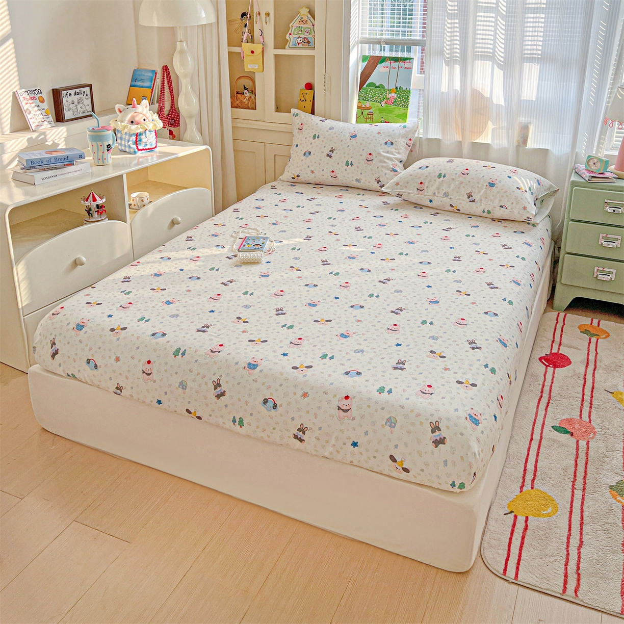 91家纺网 家纺一手货源 找家纺 名兮家居 2026新款全棉纯棉A类卡通时尚风双层纱床笠单品床笠床笠单件 双层纱-蘑菇屋