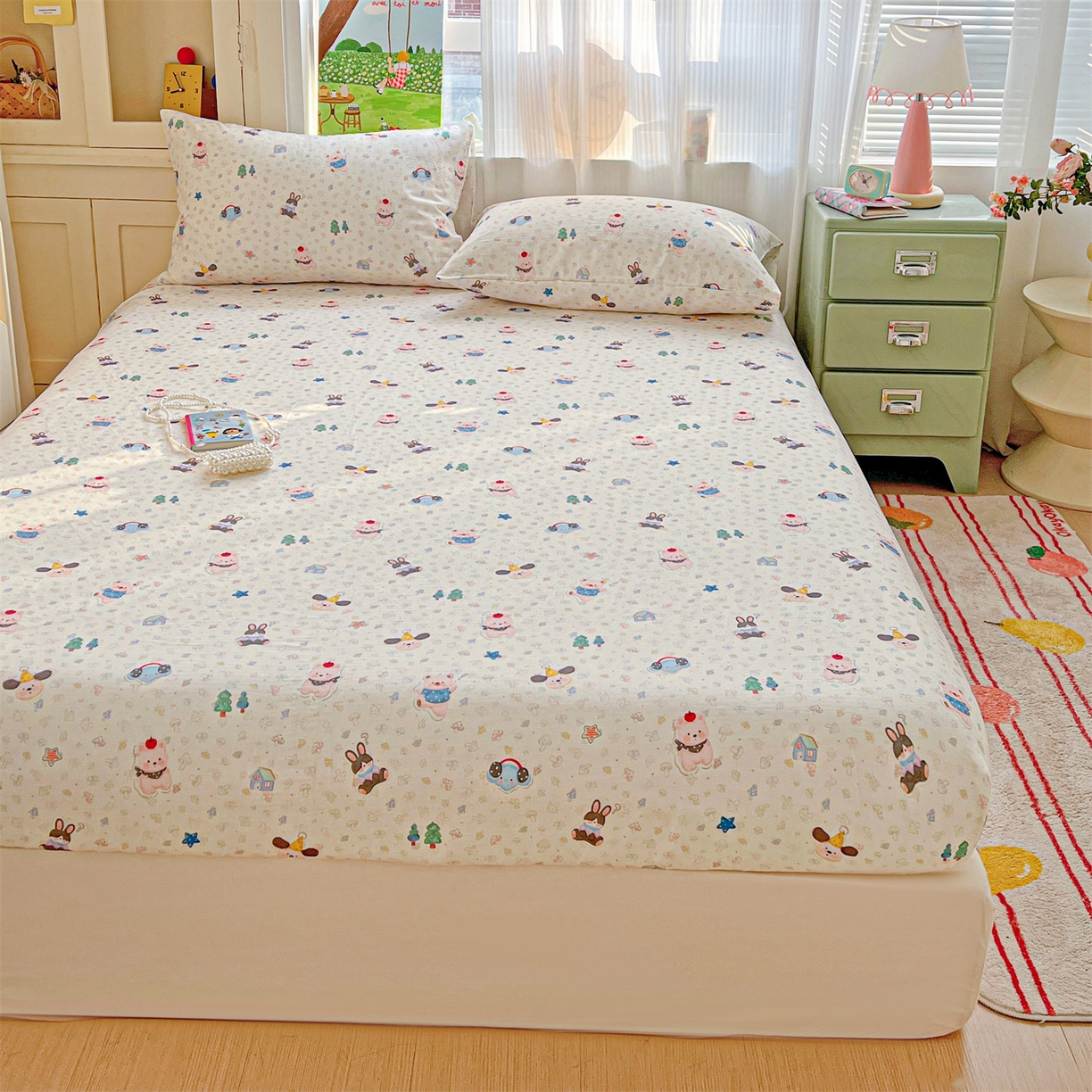 91家纺网 家纺一手货源 找家纺 名兮家居 2026新款全棉纯棉A类卡通时尚风双层纱床笠单品床笠床笠单件 双层纱-蘑菇屋