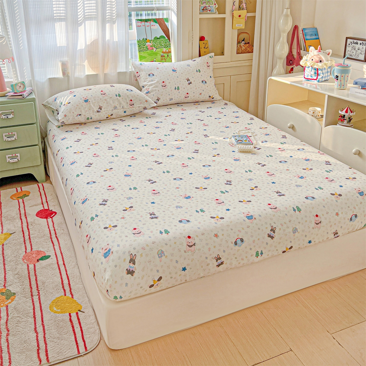 91家纺网 家纺一手货源 找家纺 名兮家居 2026新款全棉纯棉A类卡通时尚风双层纱床笠单品床笠床笠单件 双层纱-蘑菇屋