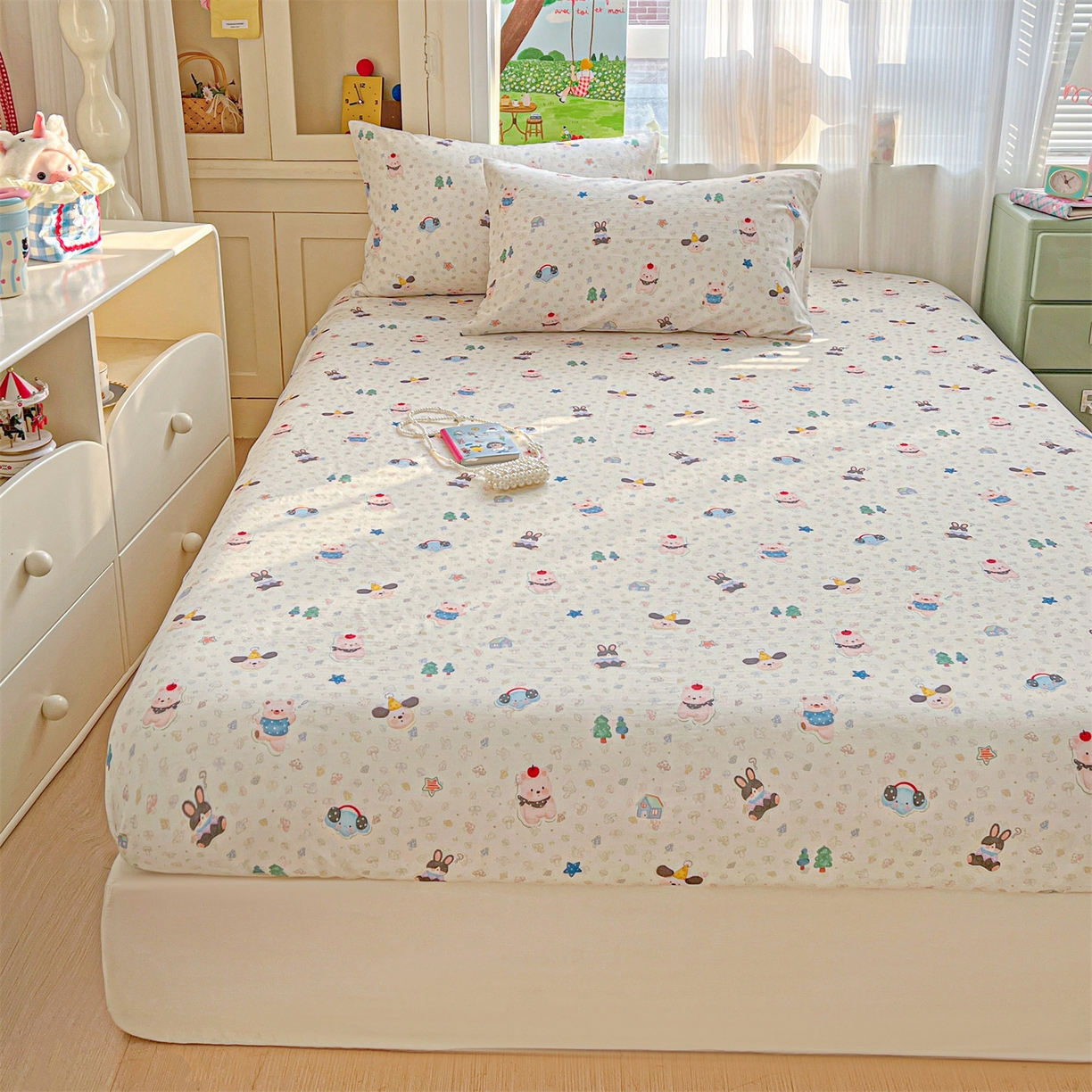 91家纺网 家纺一手货源 找家纺 名兮家居 2026新款全棉纯棉A类卡通时尚风双层纱床笠单品床笠床笠单件 双层纱-蘑菇屋