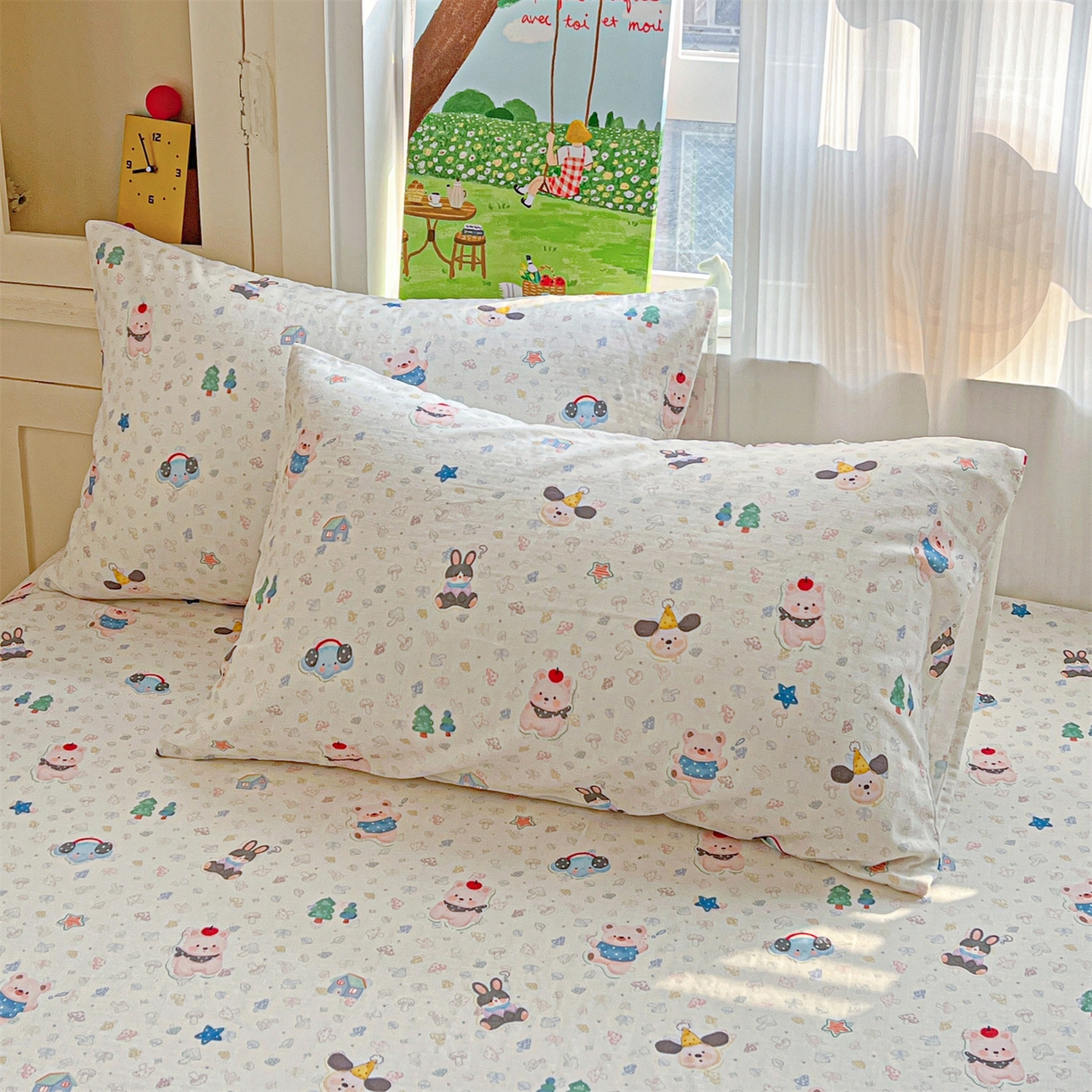 91家纺网 家纺一手货源 找家纺 名兮家居 2026新款全棉纯棉A类卡通时尚风双层纱床笠单品床笠床笠单件 双层纱-蘑菇屋