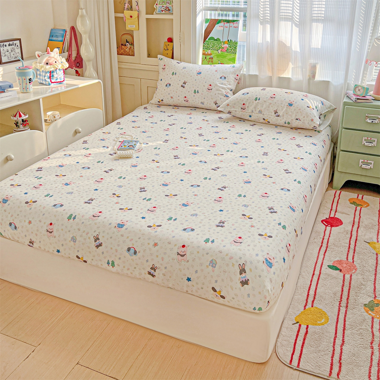 91家纺网 家纺一手货源 找家纺 名兮家居 2026新款全棉纯棉A类卡通时尚风双层纱床笠单品床笠床笠单件 双层纱-蘑菇屋