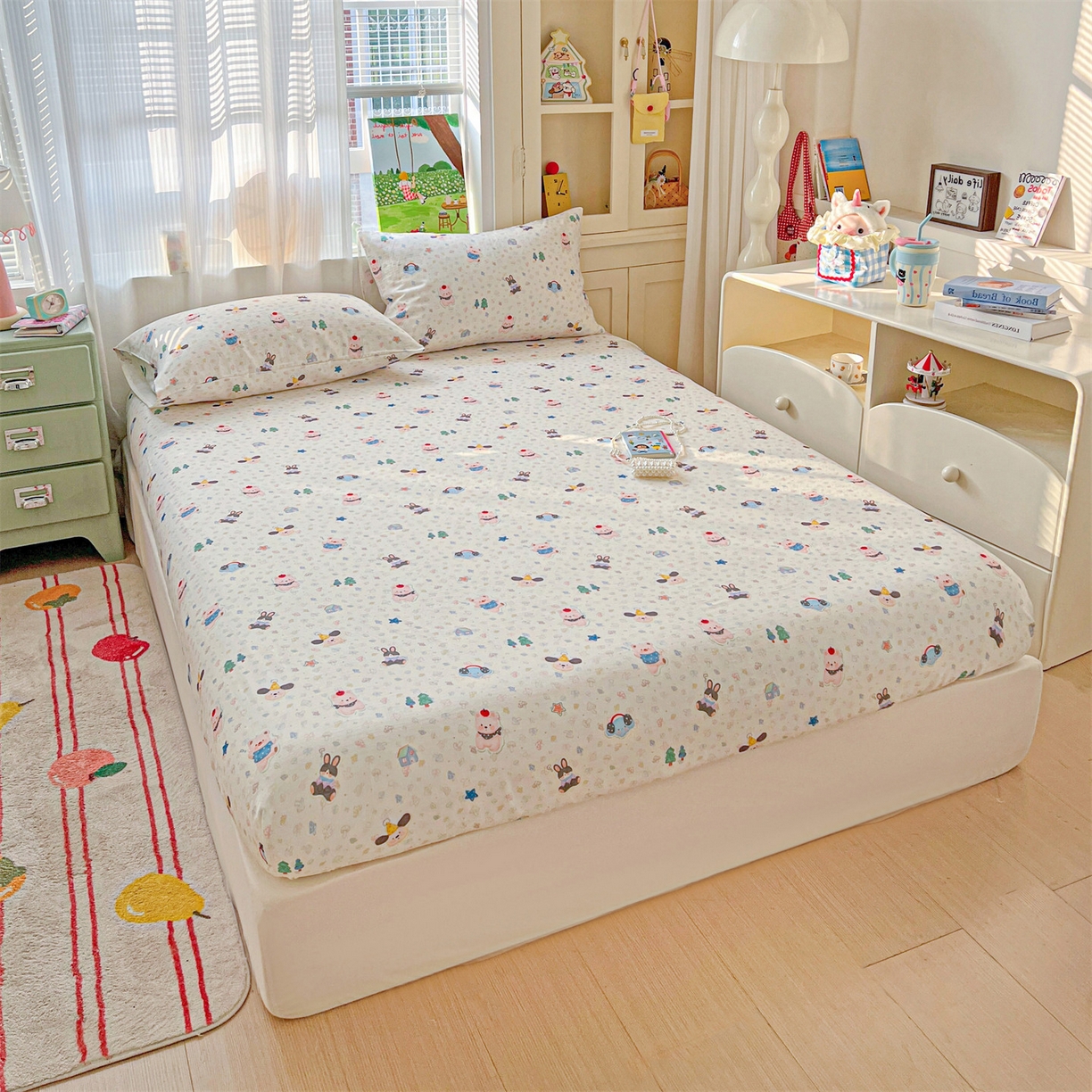 91家纺网 家纺一手货源 找家纺 名兮家居 2026新款全棉纯棉A类卡通时尚风双层纱床笠单品床笠床笠单件 双层纱-蘑菇屋