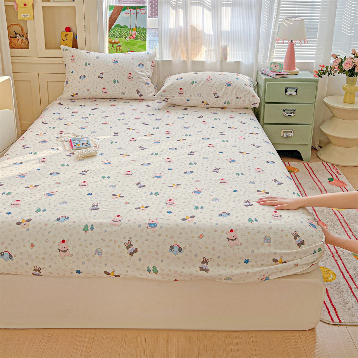 91家纺网 家纺一手货源 找家纺 名兮家居 2026新款全棉纯棉A类卡通时尚风双层纱床笠单品床笠床笠单件 双层纱-蘑菇屋