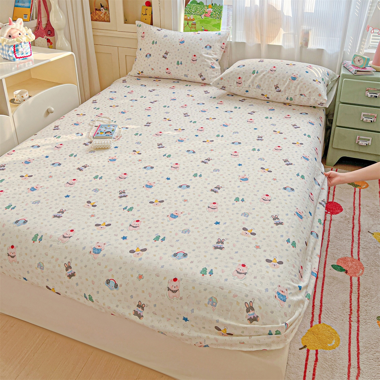 91家纺网 家纺一手货源 找家纺 名兮家居 2026新款全棉纯棉A类卡通时尚风双层纱床笠单品床笠床笠单件 双层纱-蘑菇屋