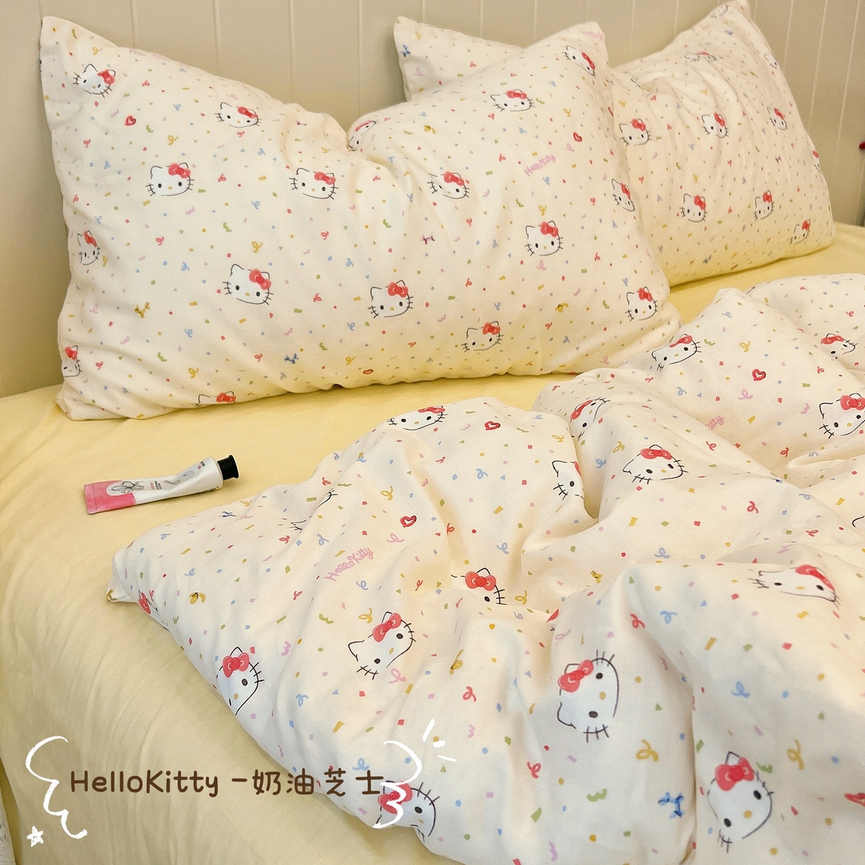荣轩家居 2026新款三丽鸥正版授权全棉纯棉双层纱四件套（铺床版） HelloKitty -奶油芝士