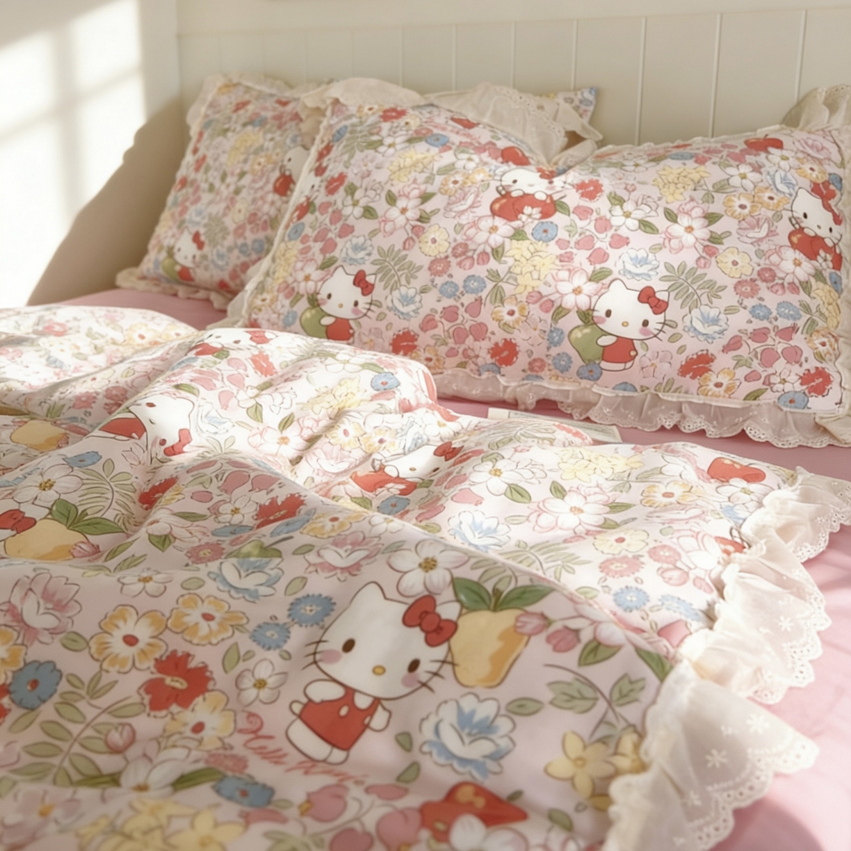 荣轩家居 2026新款三丽鸥正版授权重工韩式蕾丝花边全棉纯棉双层纱四件套（铺床版） 花房日记