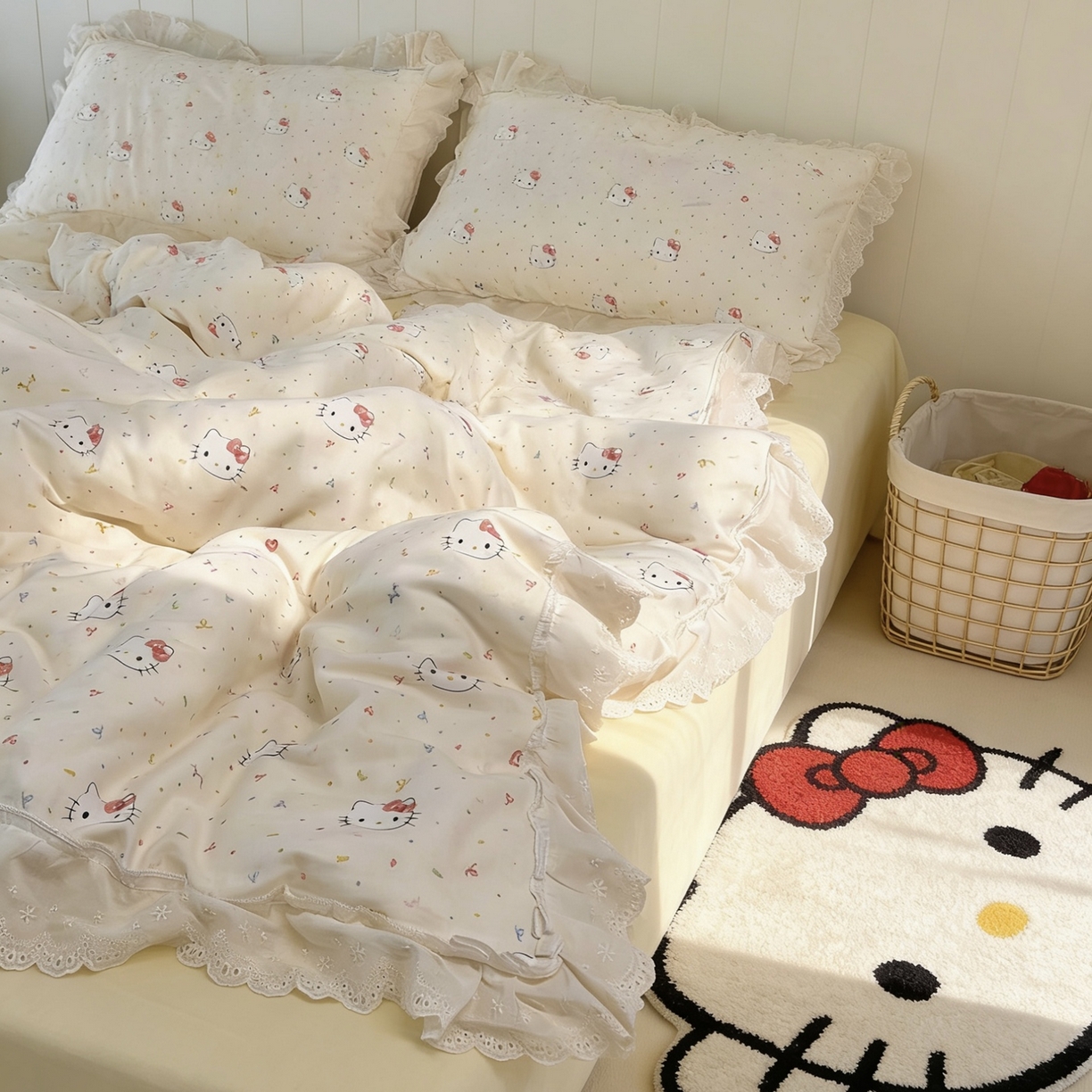 荣轩家居 2026新款三丽鸥正版授权重工韩式蕾丝花边全棉纯棉双层纱四件套（铺床版） 奶油芝士