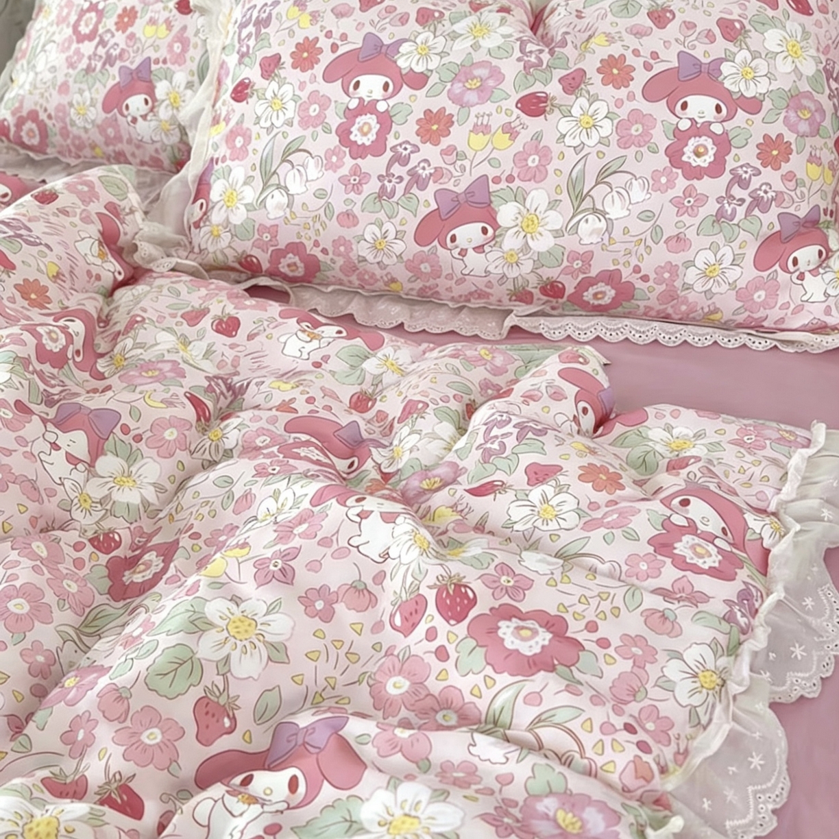 荣轩家居 2026新款三丽鸥正版授权重工韩式蕾丝花边全棉纯棉双层纱四件套（铺床版） 甜梦日记