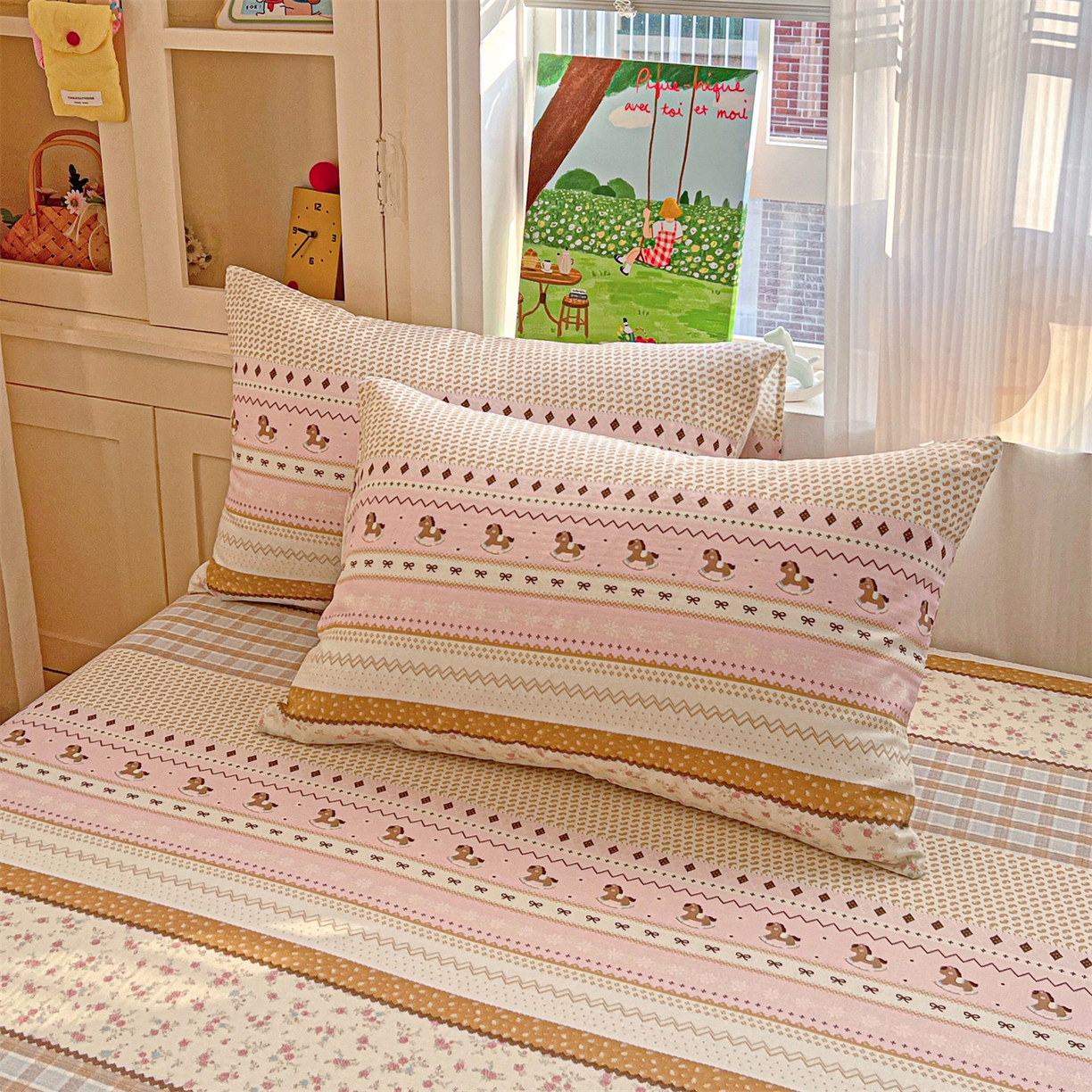 91家纺网 家纺一手货源 找家纺 名兮家居 2026新款全棉纯棉A类卡通时尚风双层纱床笠单品床笠床笠单件 双层纱-木马集