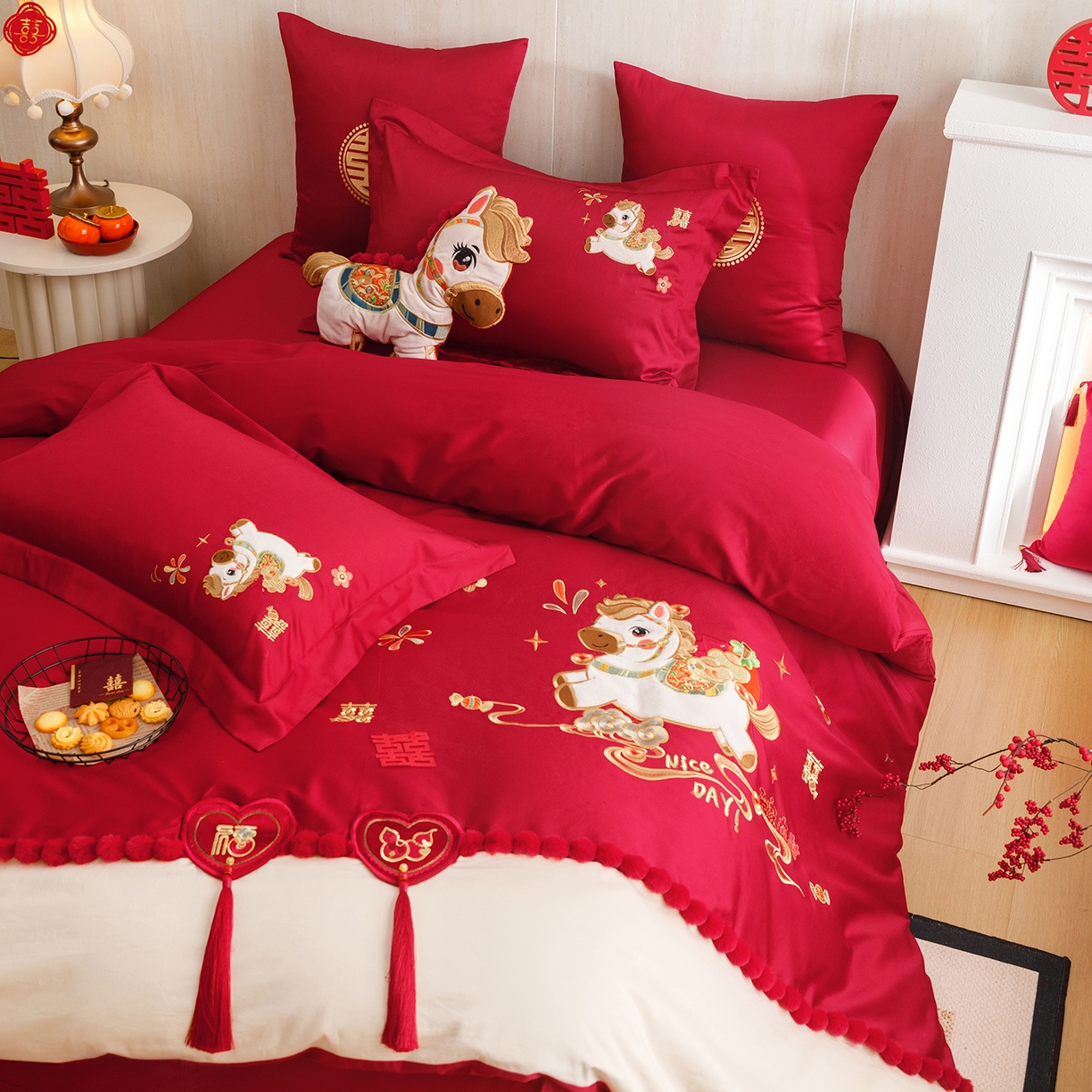 91家纺网 家纺一手货源 找家纺 甜咪咪婚庆 2026新款婚庆公主风小红书爆款50s双股100支长绒棉全棉四件套多件套床单床盖 马上有囍