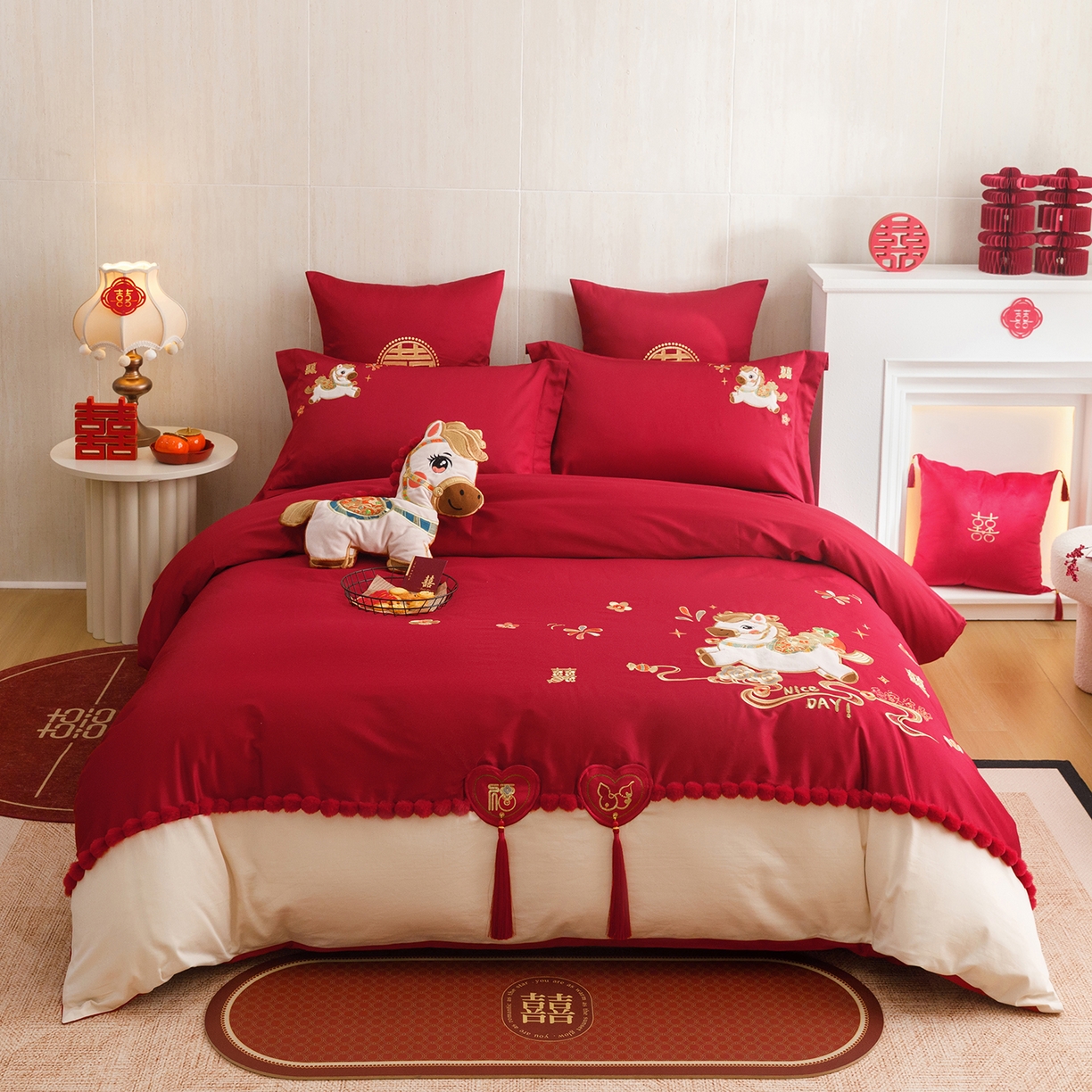 91家纺网 家纺一手货源 找家纺 甜咪咪婚庆 2026新款婚庆公主风小红书爆款50s双股100支长绒棉全棉四件套多件套床单床盖 马上有囍