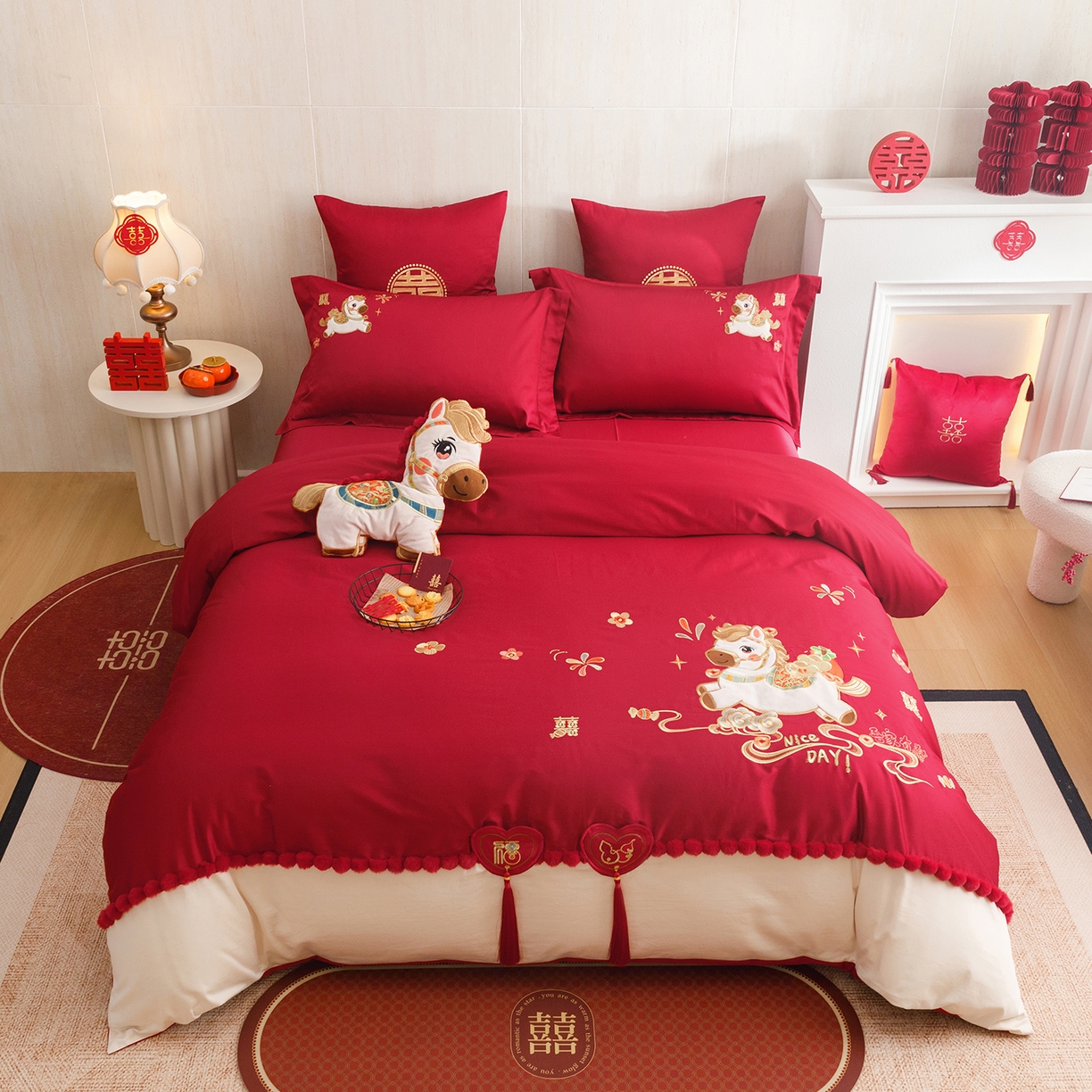 91家纺网 家纺一手货源 找家纺 甜咪咪婚庆 2026新款婚庆公主风小红书爆款50s双股100支长绒棉全棉四件套多件套床单床盖 马上有囍