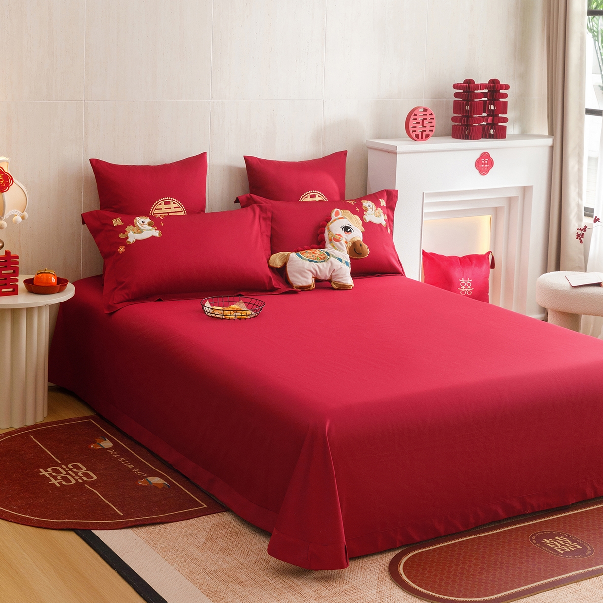 91家纺网 家纺一手货源 找家纺 甜咪咪婚庆 2026新款婚庆公主风小红书爆款50s双股100支长绒棉全棉四件套多件套床单床盖 马上有囍