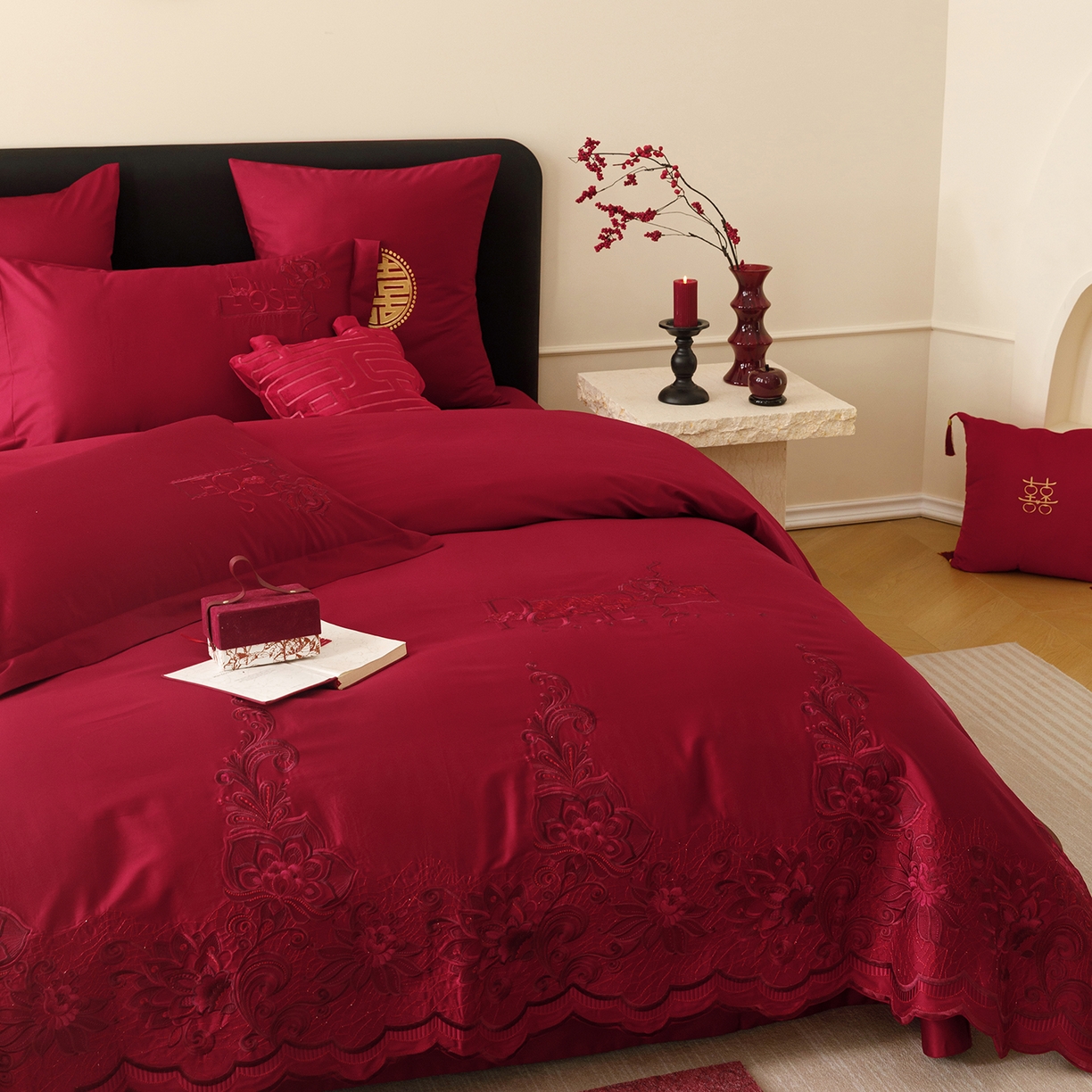 91家纺网 家纺一手货源 找家纺 甜咪咪婚庆 2026新款婚庆公主风小红书爆款50s双股100支长绒棉全棉四件套多件套床单床盖 罗曼蒂克 红